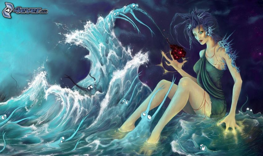 fantasy nő, hullámok, víz, szörnyecskék