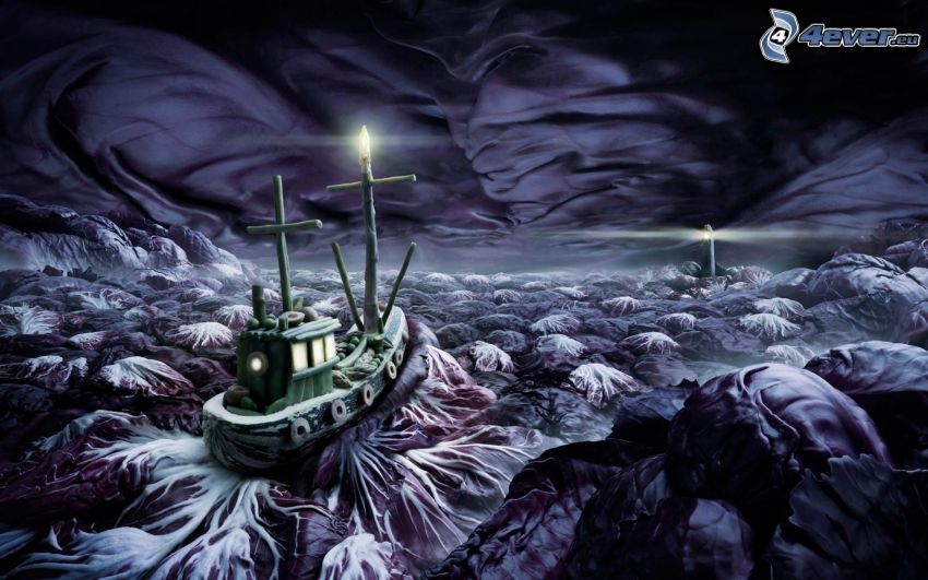 hajó, fantasy táj, világítótorony