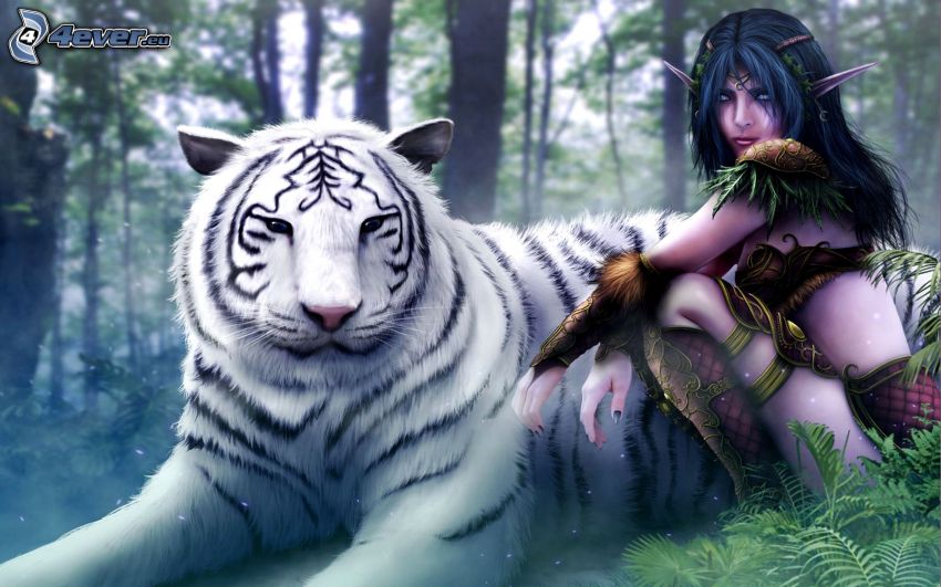 Mirana Dota, World of Warcraft, elf, fehér tigris, erdő