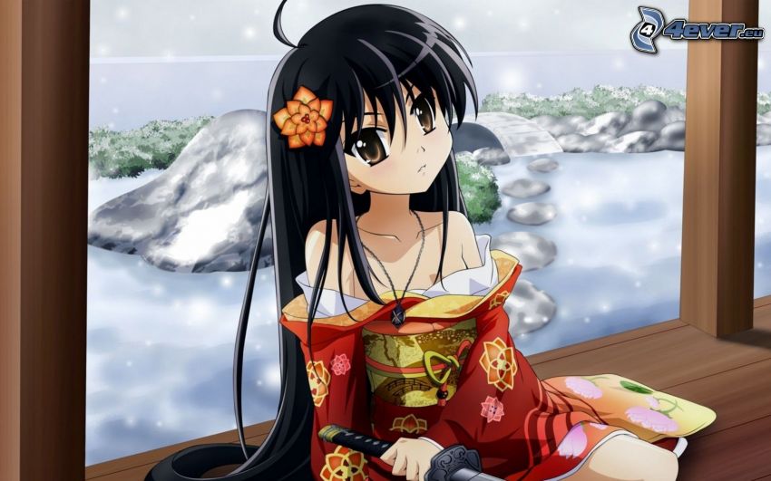 Shakugan no Shana, anime lány, ablak, havas táj