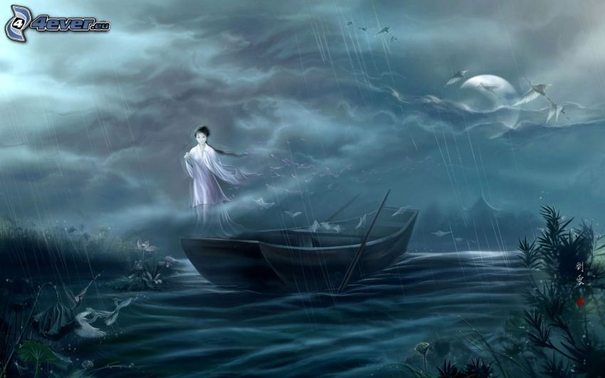szellem, kínai nő, csónak, hold