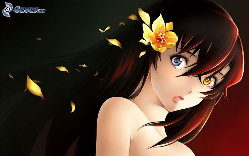 szexi anime lány, vöröshajú, virág, levelek