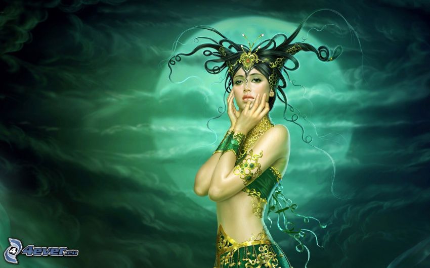 zöld tündér, hold, fantasy nő