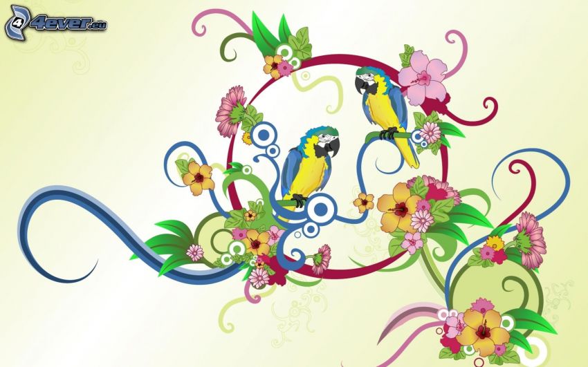 Ara papagáj, rajzolt virágok