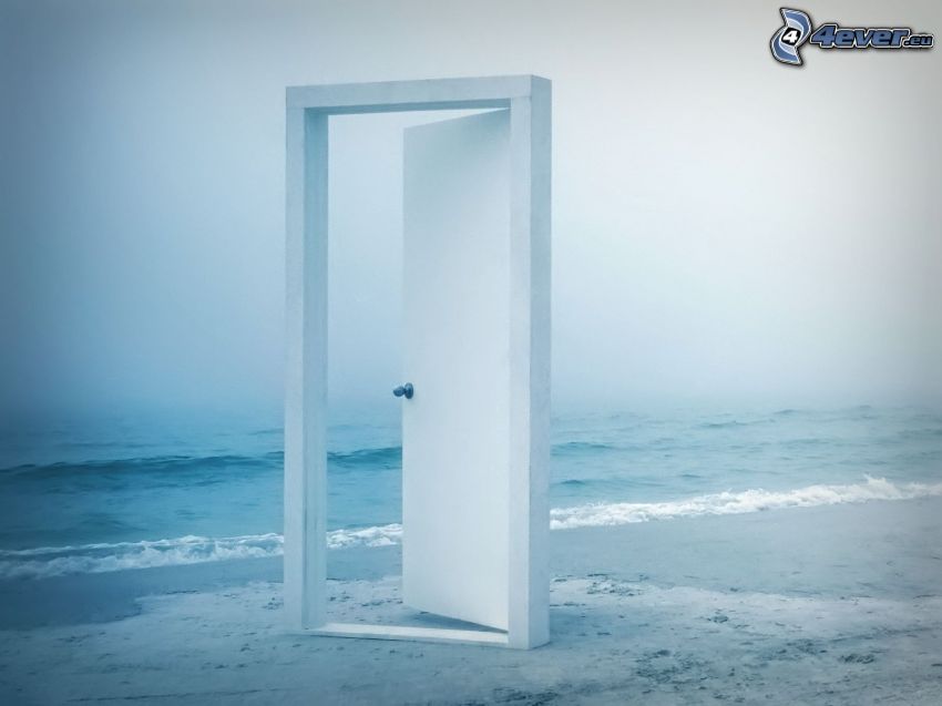ajtó, homokos tengerpart, tenger