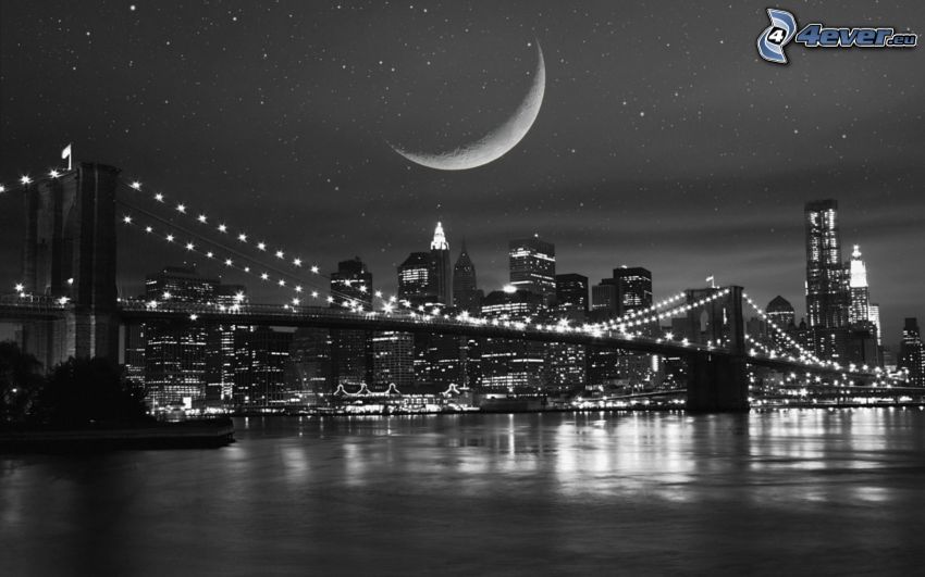 Brooklyn Bridge, bolygó, éjszaka, fekete-fehér kép