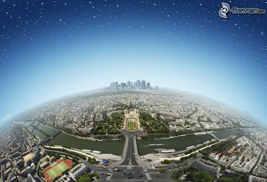 Eiffel-torony, kilátás a városra, La Défense, Párizs, Föld, csillagos égbolt