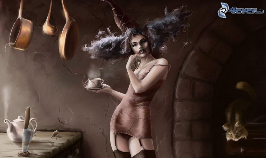 fantasy nő, harisnyakötő, csésze kávé, konyha, macska