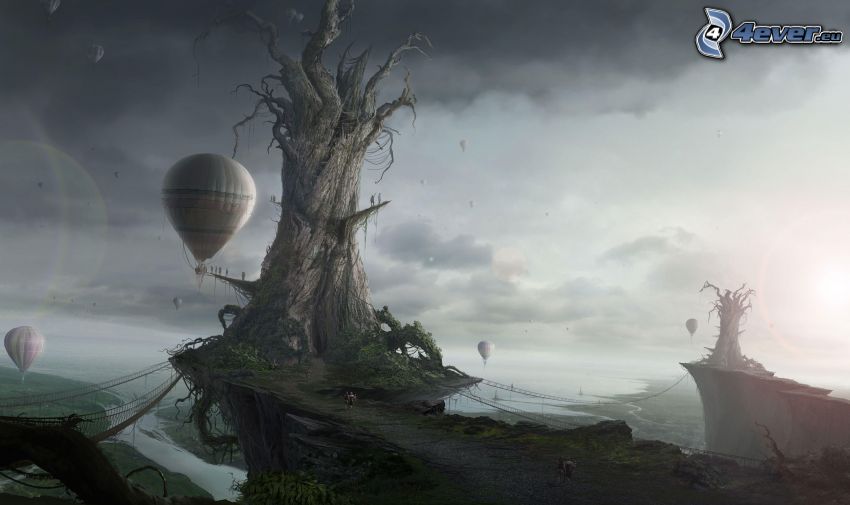 fantasy táj, száraz fa, hőlégballonok