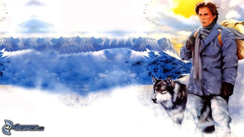 férfi kutyával, hegyek, hó, kaland