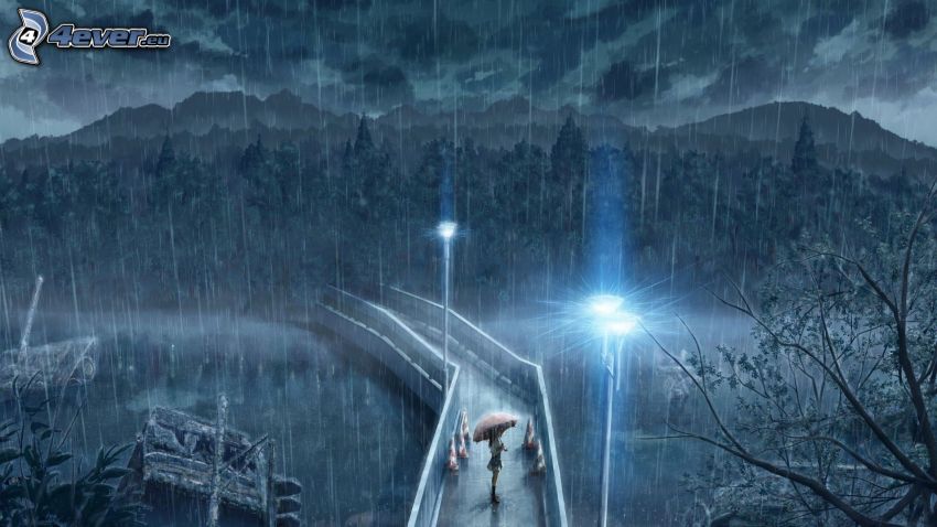 gyalogos híd, nő esernyővel, eső, lámpa