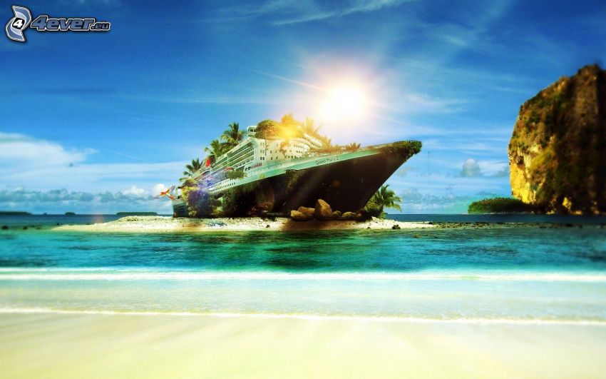 hajó, szigetecske, szikla a tengerben, nap, homokos tengerpart