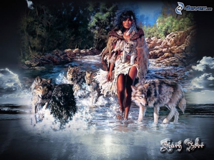 indián nő, farkasok, patak, erdő