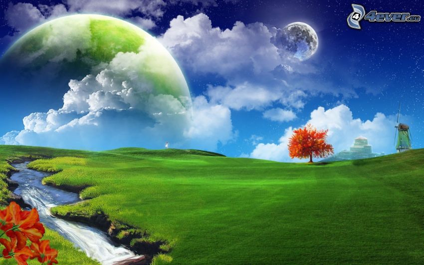 két hold, bolygó, rét, mező, gyep, patak, őszi fa, malom