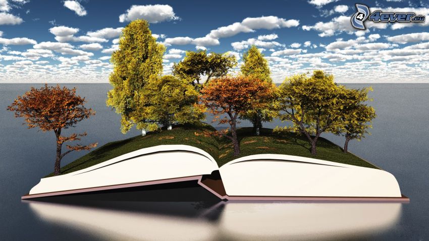 könyv, fák, felhők
