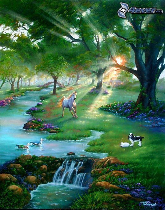 mesebeli táj, rajzolt ló, rajzolt kutya, rét, patak, fák, napsugarak, természet