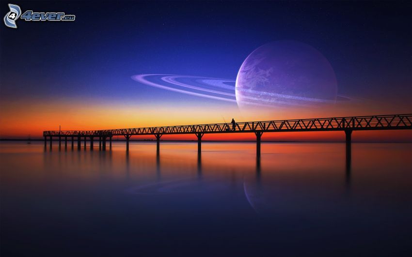 móló, gyalogos híd, napnyugta után, bolygó