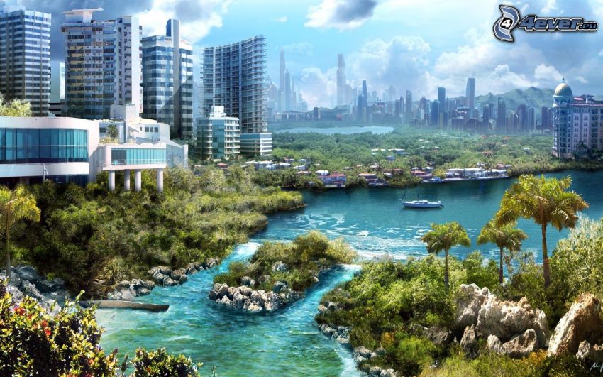 sci-fi város, folyó, felhőkarcolók