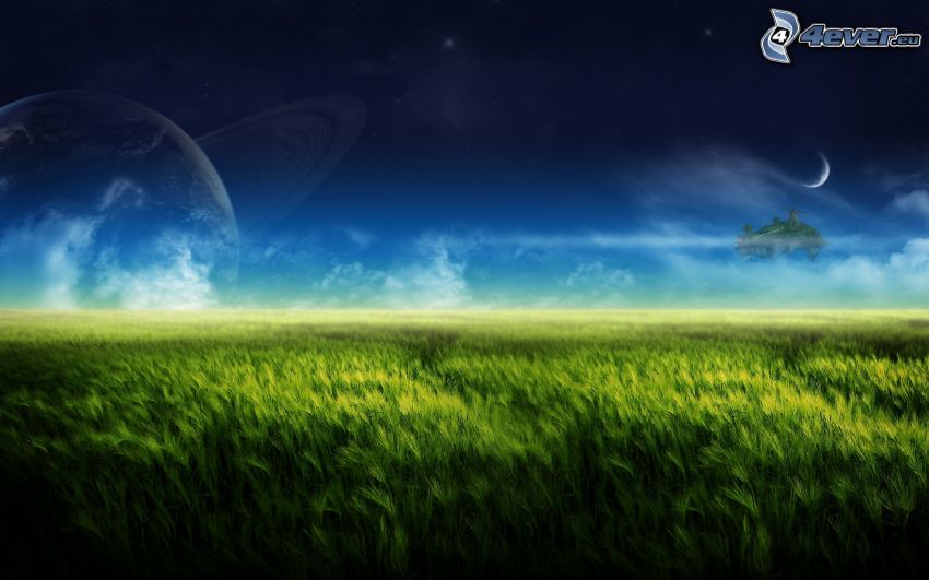 zöld gabona, bolygó, hold, repülő sziget