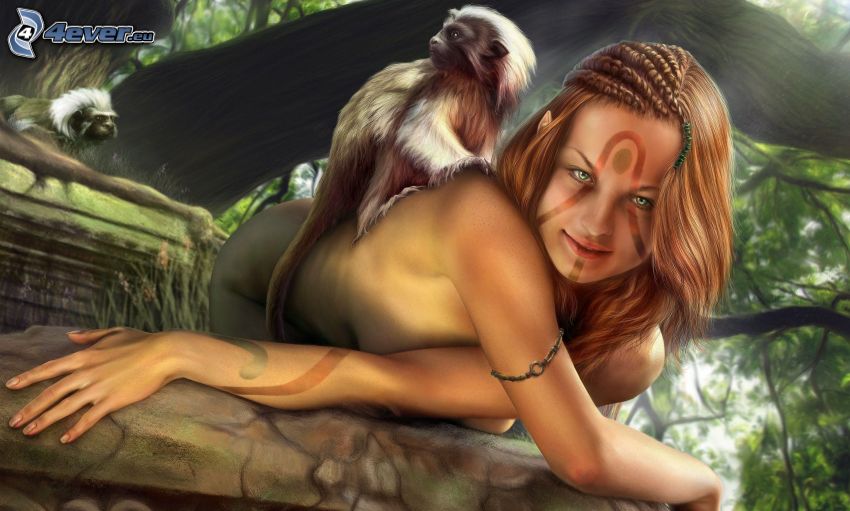 druida, rajzolt nő, majmok