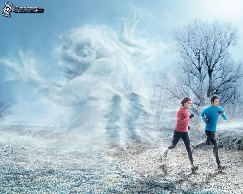 férfi és nő, futás, szörnyeteg, hó