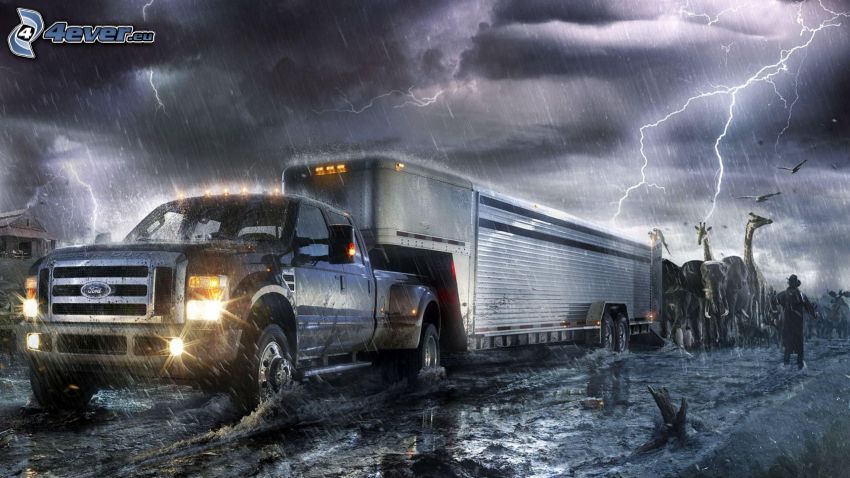Ford, pickup truck, utánfutó, zsiráfok, vihar, villámok