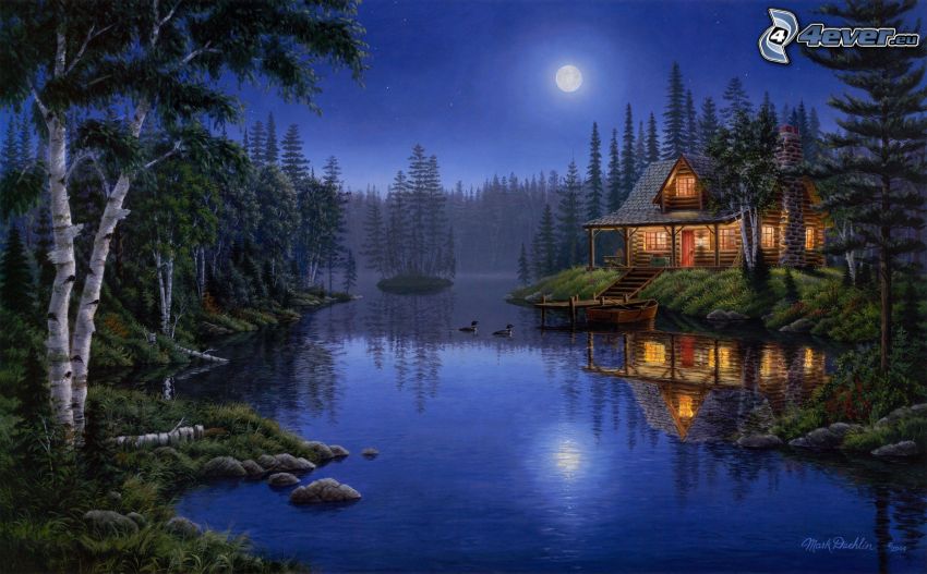 ház a tónál, éjszaka, hold