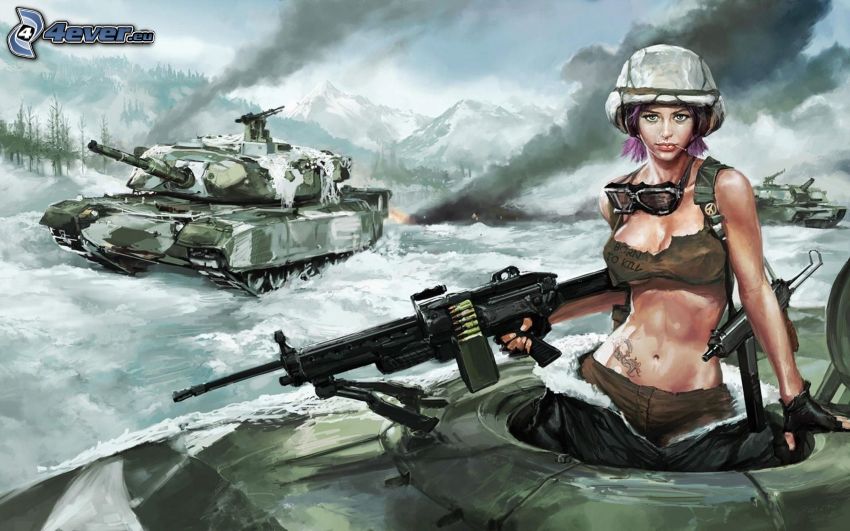 katona, rajzolt nő, nő fegyverrel, tankok