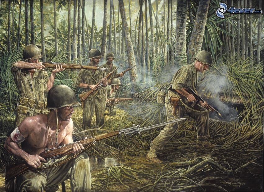 katonák, rajzolt erdő
