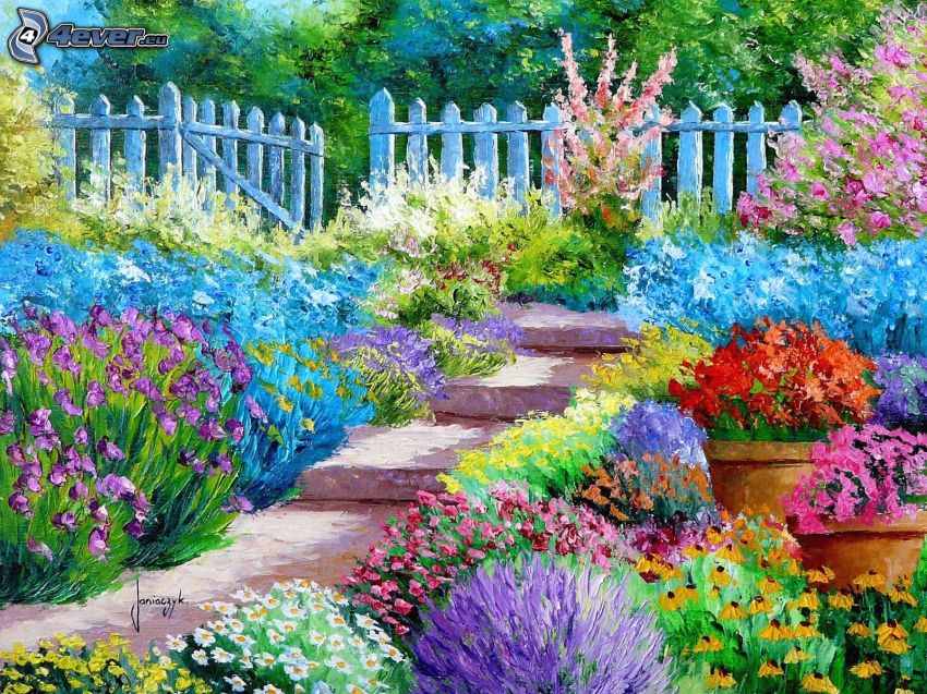 kert, színes virágok, lépcső, kerítés