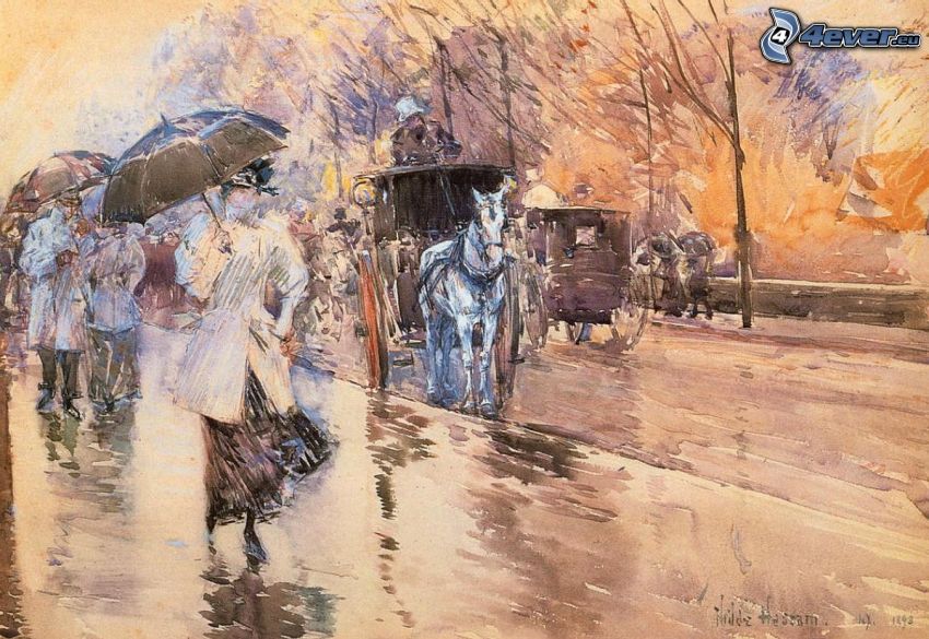 festmény, emberek, kocsi, fehér ló, eső