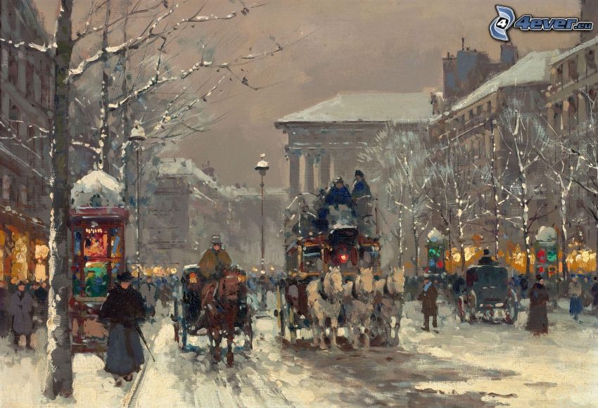 kocsi, havas utca, emberek, festmény