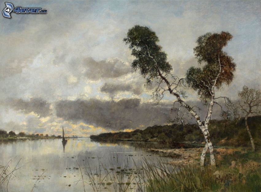 tó, vitorláshajó, nyírfák, festmény