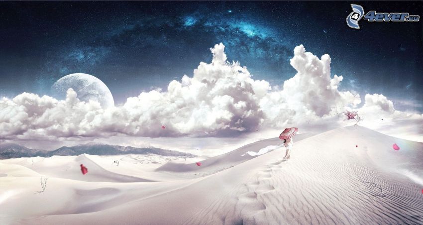 kínai nő, esernyő, homok, felhők, hold