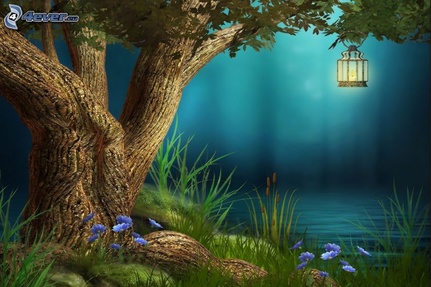 lámpás, fa, magas fű, kék virágok, tó, éjszaka