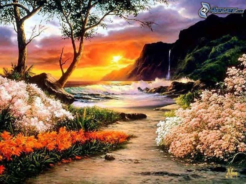 naplemente a tengerparton, tengerpart, virágok, természet, nap, vízesés