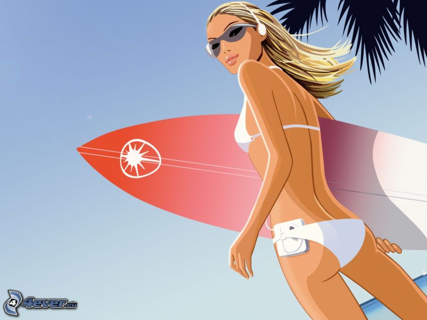 női szörfös, rajzolt nő, fehér fürdőruha, lány fühallgatóval