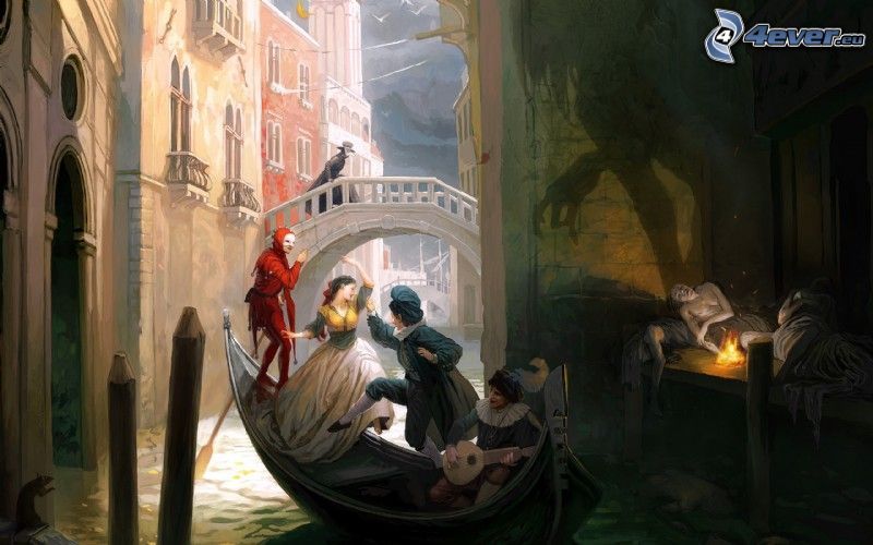 rajzolt figurák, csónak, Velence