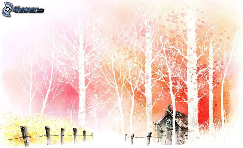 rajzolt ház, fák, kerítés