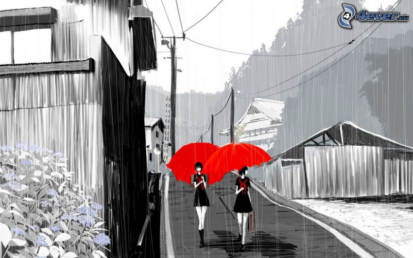 rajzolt nők, esernyők, eső