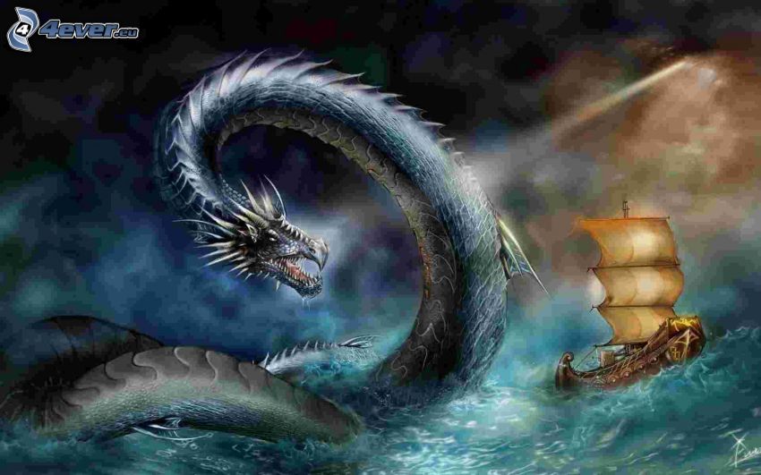 rajzolt sárkány, vízi szörnyeteg, vitorláshajó