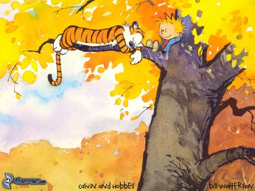 tigris és fiú, rajzolt fa, sárga fa
