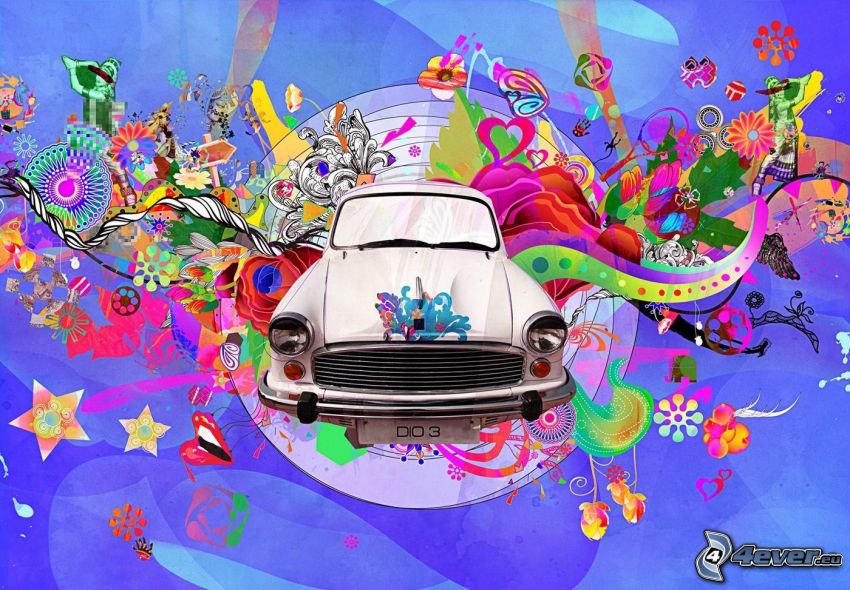 Trabant, rajzolt autó, absztrakt, színes