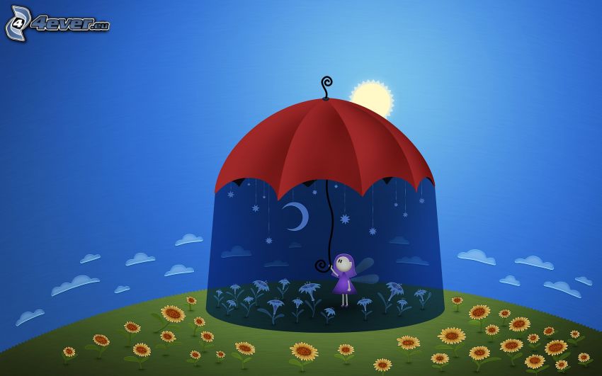 tündér, esernyő, nap, napraforgók