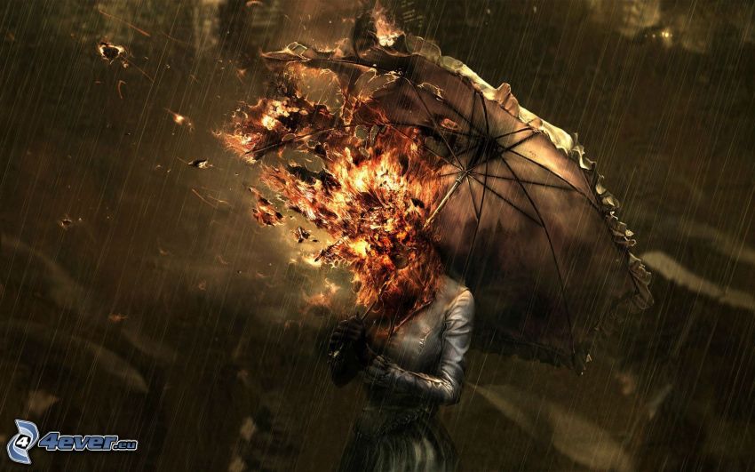 tüzes lány, nő esernyővel, tűz, eső