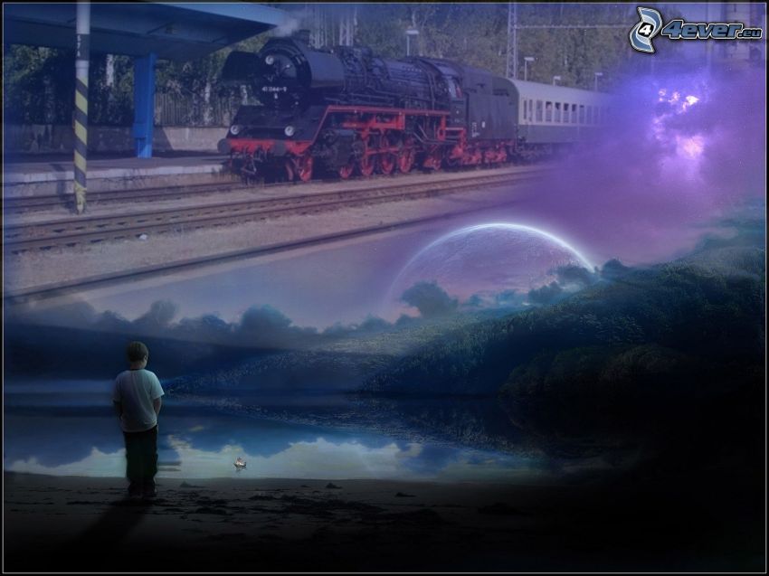 vonat, fiú, magány, gőzmozdony