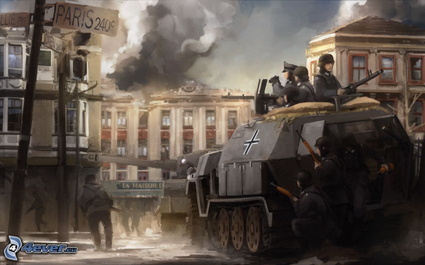 Wehrmacht, katonák, tank, rajzolt város, Második világháború