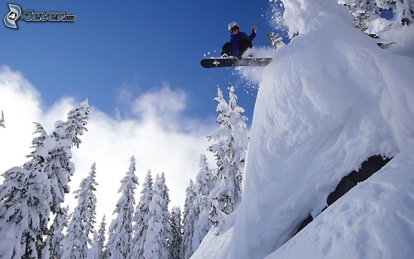 extrém snowboardozás, adrenalin, havas erdő