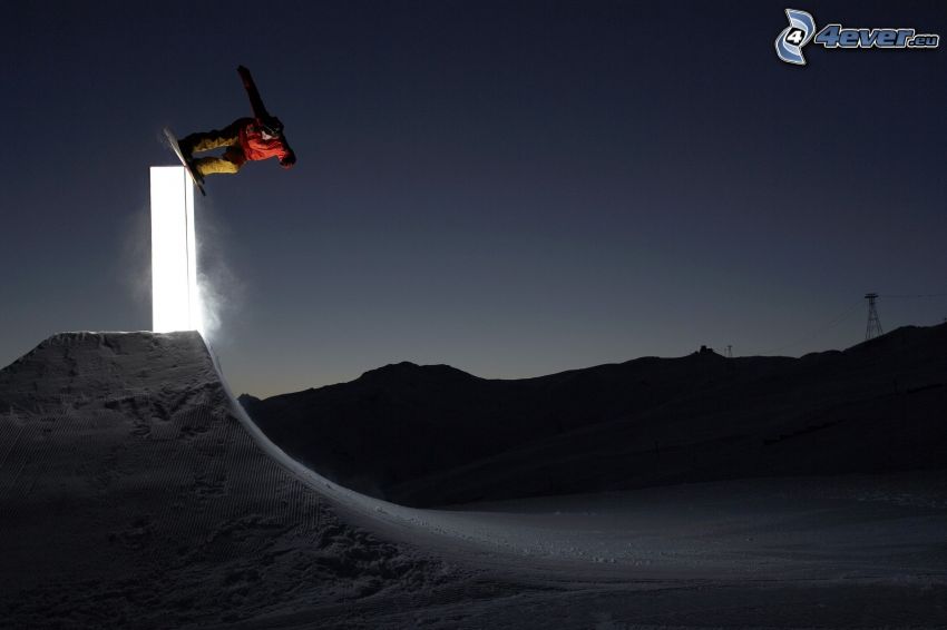 snowboarding, éjszaka, ugrás