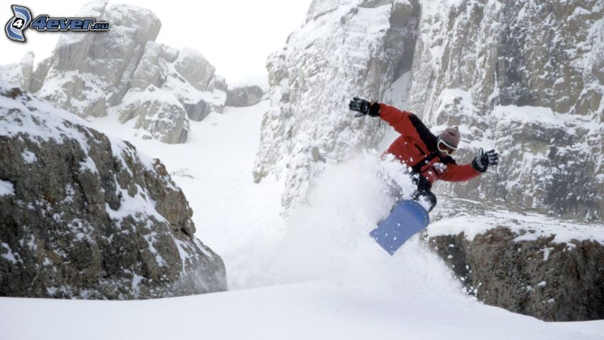 snowboarding, hó, sziklák